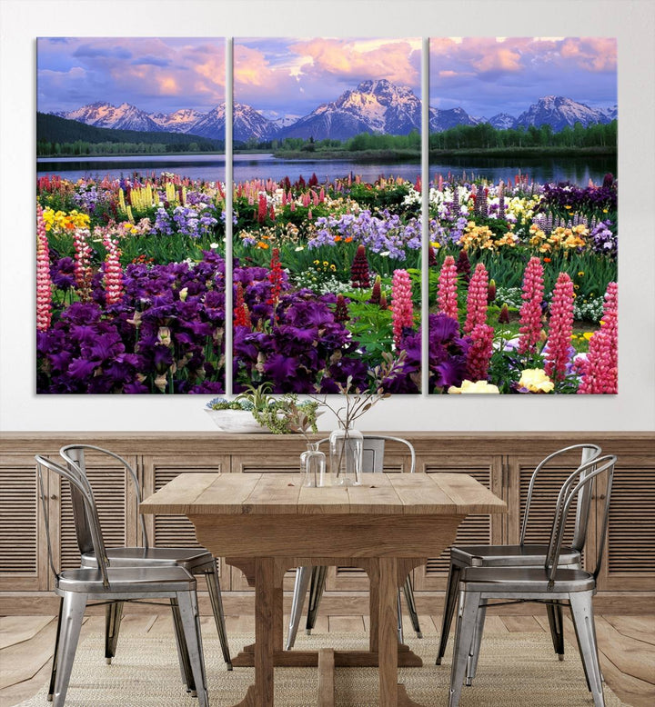 Wild Flower Field Wall Art Canvas Print, Nature Lake Mountain Prints