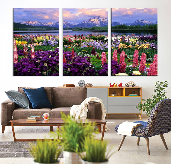 Wild Flower Field Wall Art Canvas Print, Nature Lake Mountain Prints