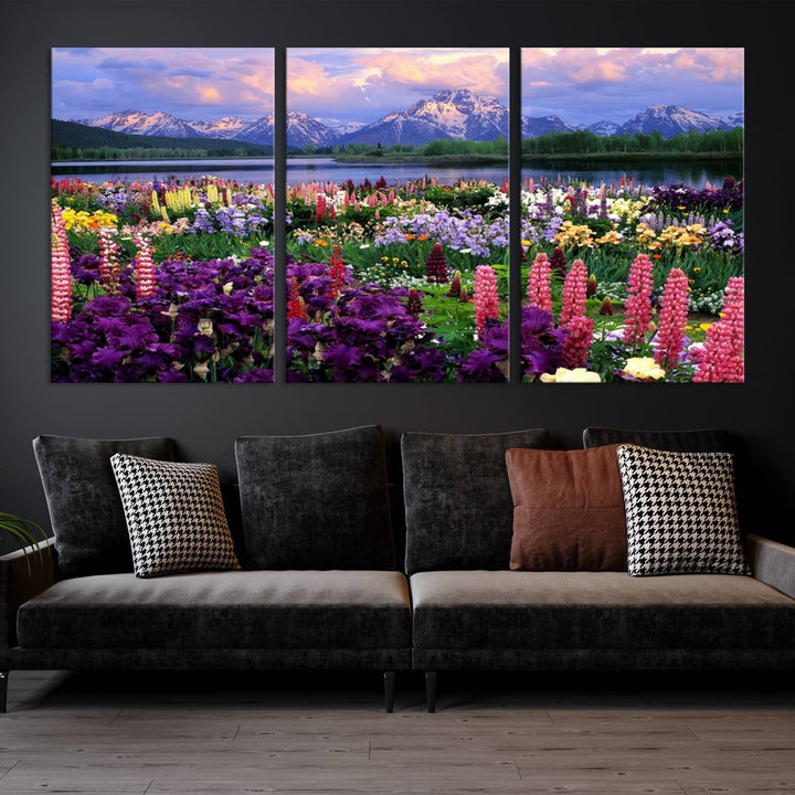 Wild Flower Field Wall Art Canvas Print, Nature Lake Mountain Prints