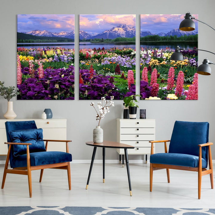 Wild Flower Field Wall Art Canvas Print, Nature Lake Mountain Prints