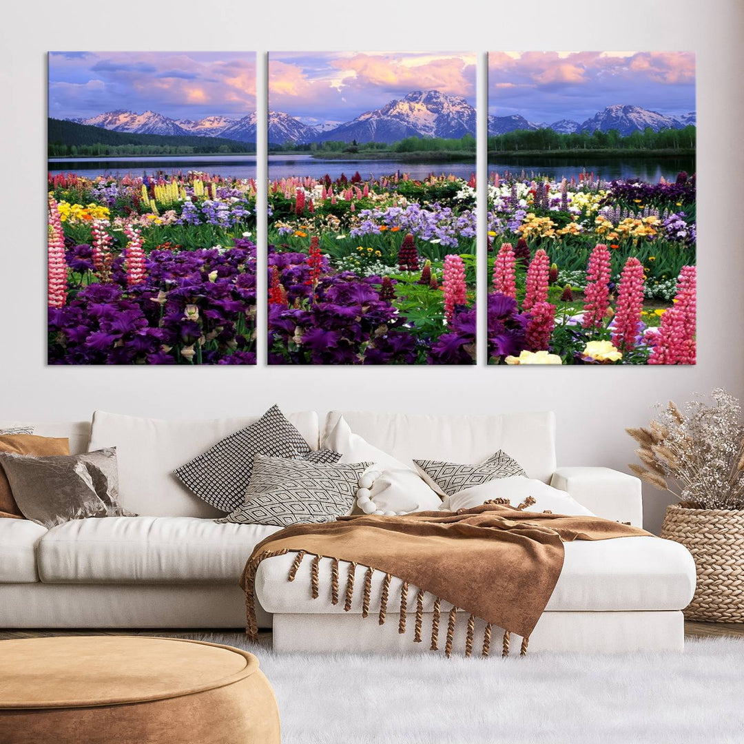 Wild Flower Field Wall Art Canvas Print, Nature Lake Mountain Prints