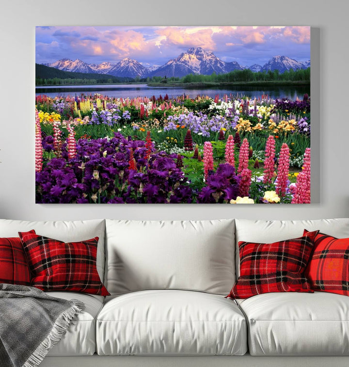 Wild Flower Field Wall Art Canvas Print, Nature Lake Mountain Prints