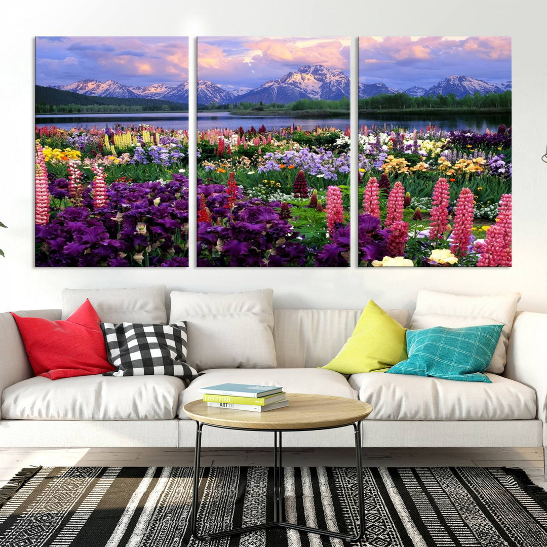 Wild Flower Field Wall Art Canvas Print, Nature Lake Mountain Prints