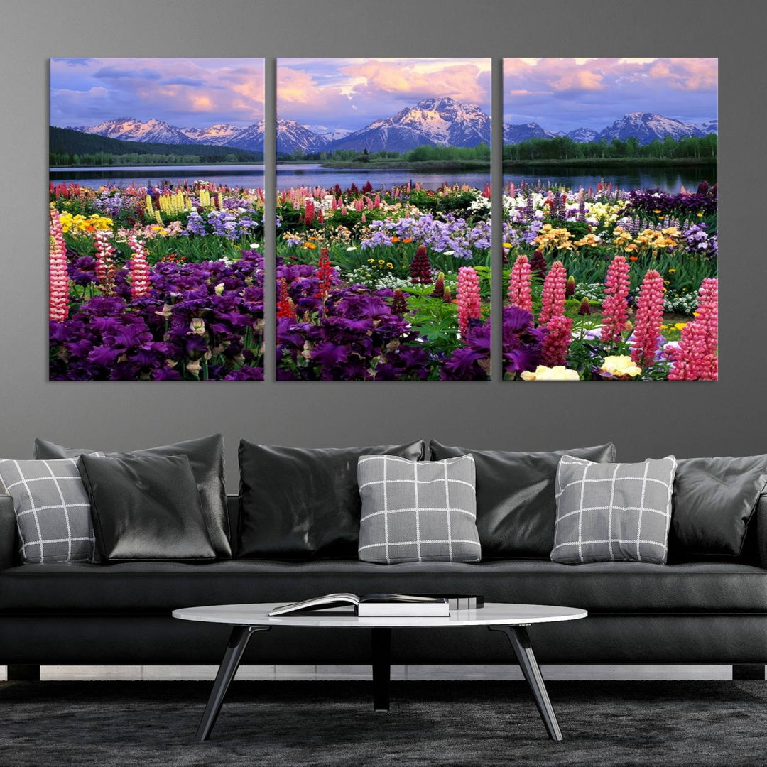 Wild Flower Field Wall Art Canvas Print, Nature Lake Mountain Prints