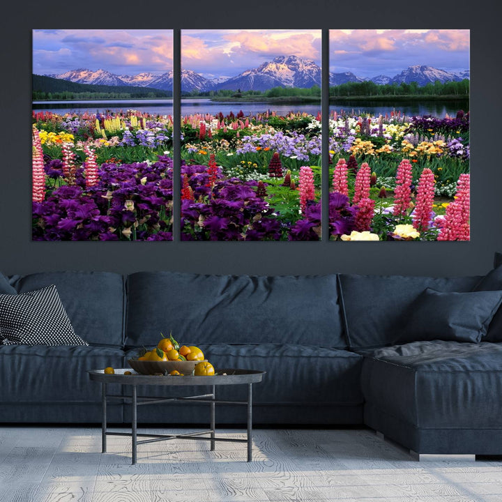 Wild Flower Field Wall Art Canvas Print, Nature Lake Mountain Prints