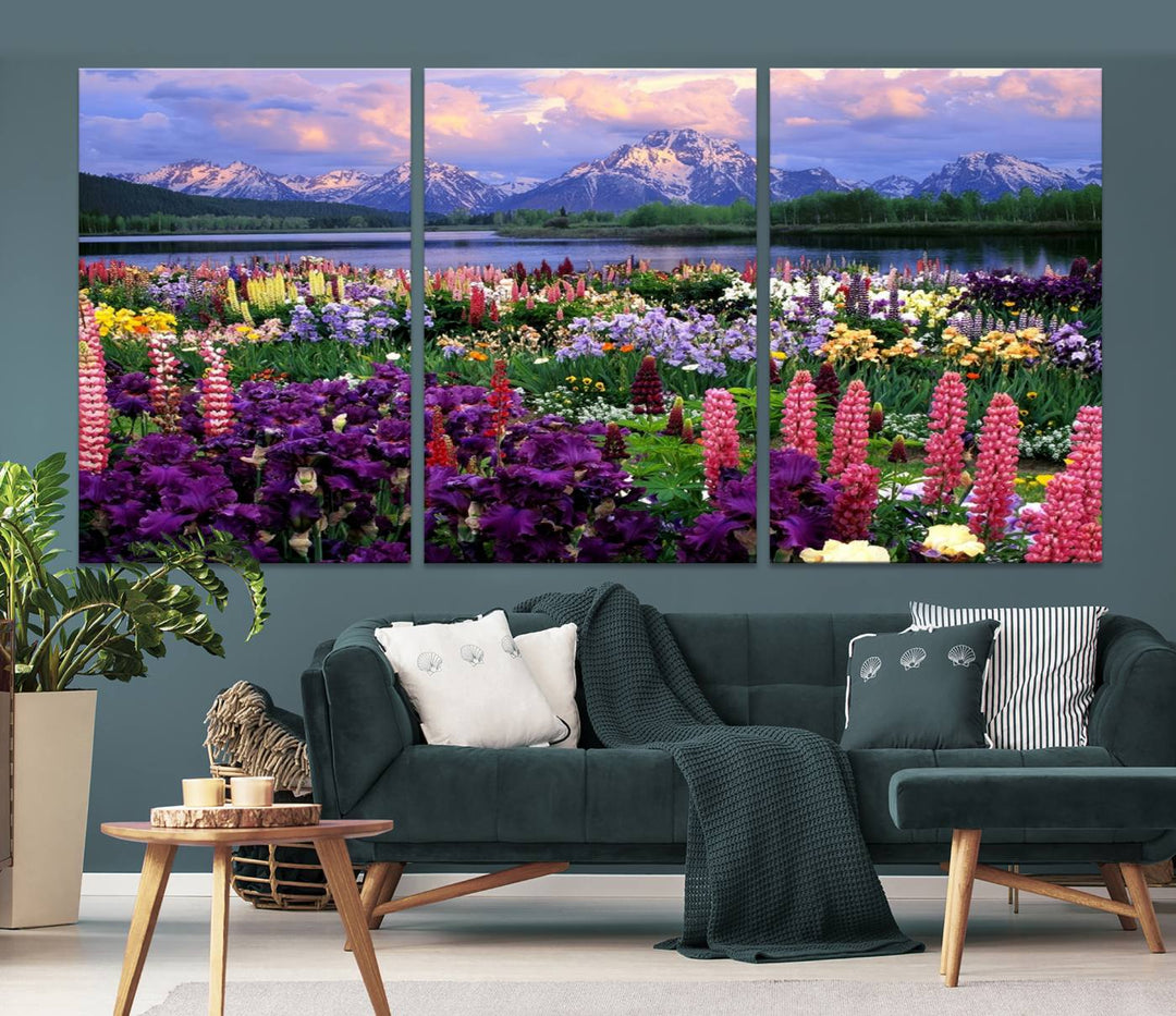 Wild Flower Field Wall Art Canvas Print, Nature Lake Mountain Prints