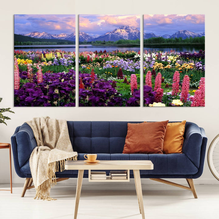 Wild Flower Field Wall Art Canvas Print, Nature Lake Mountain Prints