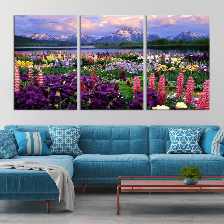 Wild Flower Field Wall Art Canvas Print, Nature Lake Mountain Prints