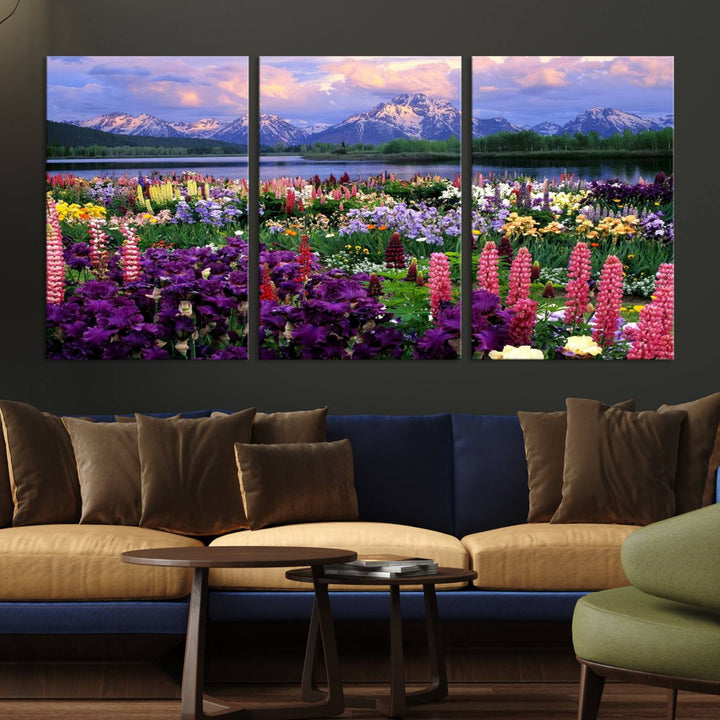 Wild Flower Field Wall Art Canvas Print, Nature Lake Mountain Prints