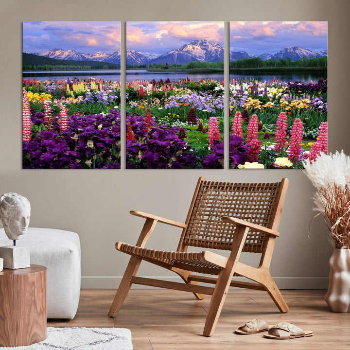 Wild Flower Field Wall Art Canvas Print, Nature Lake Mountain Prints