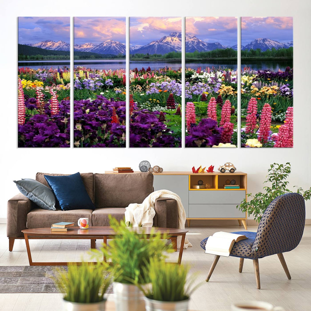 Wild Flower Field Wall Art Canvas Print, Nature Lake Mountain Prints