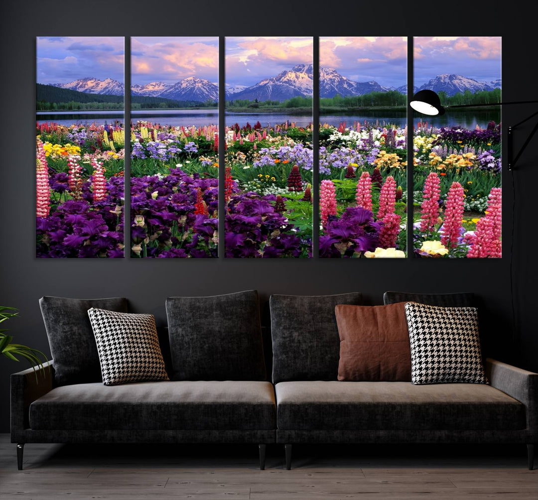 Wild Flower Field Wall Art Canvas Print, Nature Lake Mountain Prints