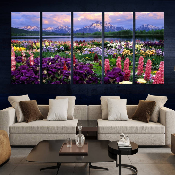 Wild Flower Field Wall Art Canvas Print, Nature Lake Mountain Prints