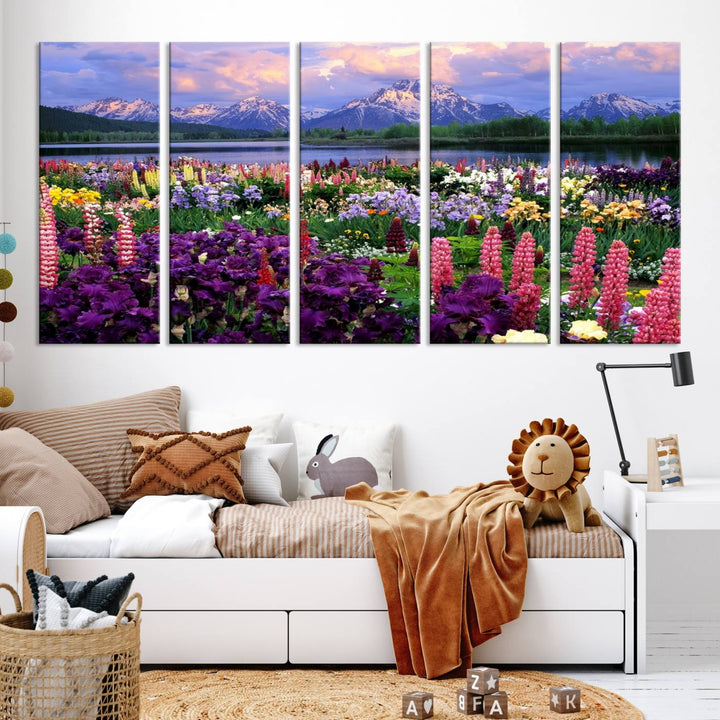 Wild Flower Field Wall Art Canvas Print, Nature Lake Mountain Prints