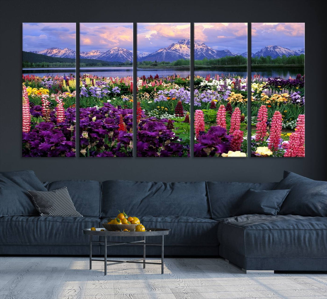 Wild Flower Field Wall Art Canvas Print, Nature Lake Mountain Prints