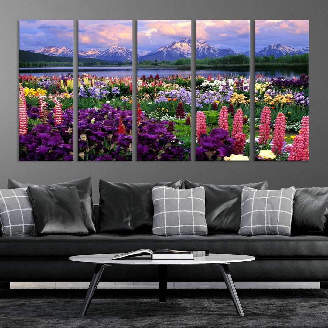 Wild Flower Field Wall Art Canvas Print, Nature Lake Mountain Prints