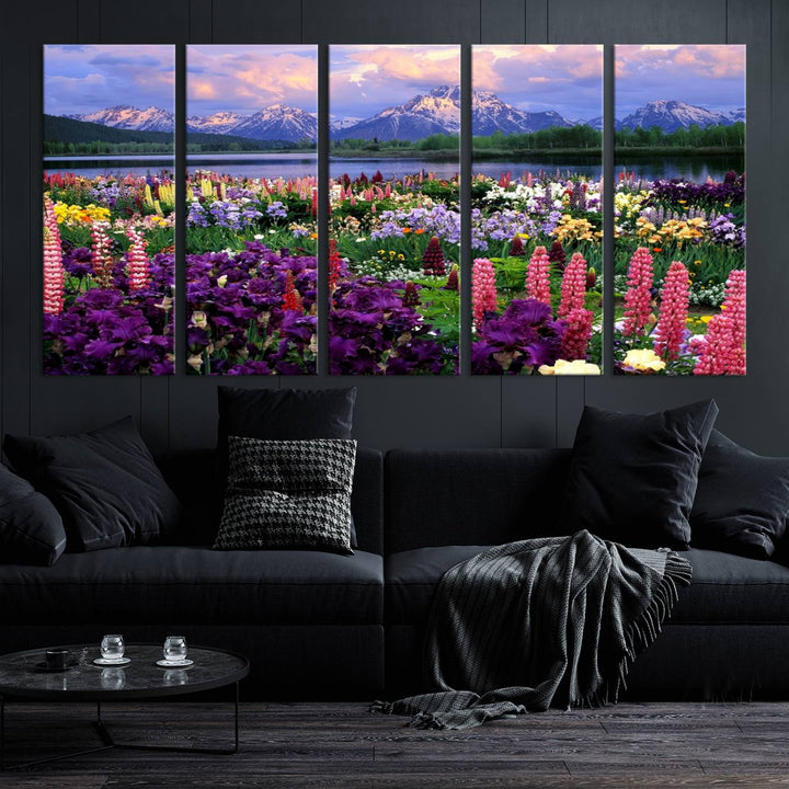 Wild Flower Field Wall Art Canvas Print, Nature Lake Mountain Prints