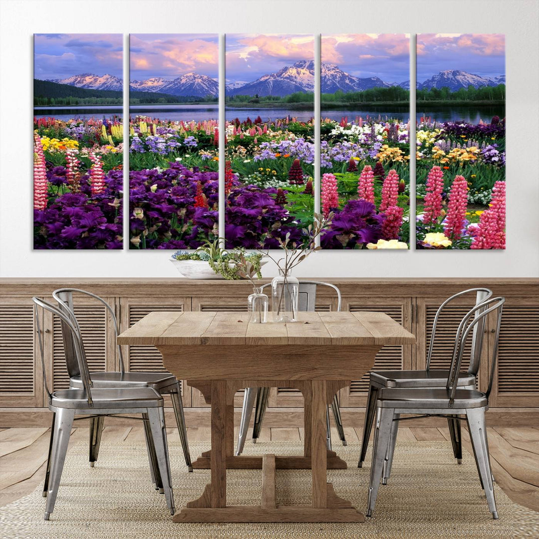 Wild Flower Field Wall Art Canvas Print, Nature Lake Mountain Prints