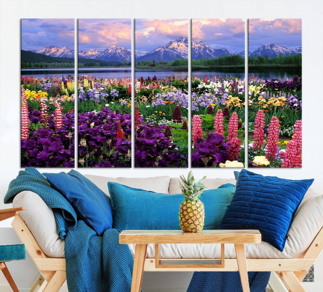 Wild Flower Field Wall Art Canvas Print, Nature Lake Mountain Prints