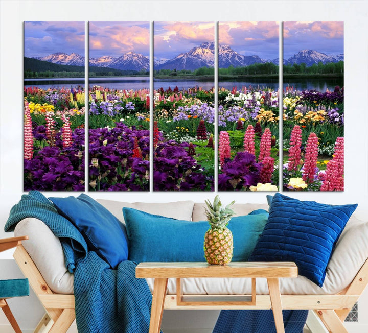 Wild Flower Field Wall Art Canvas Print, Nature Lake Mountain Prints