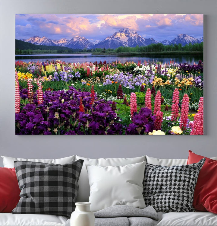 Wild Flower Field Wall Art Canvas Print, Nature Lake Mountain Prints