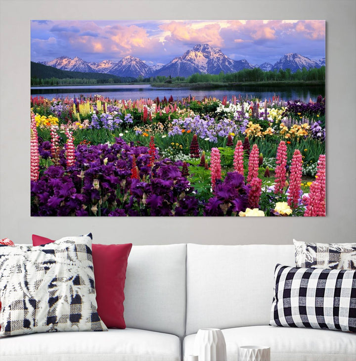 Wild Flower Field Wall Art Canvas Print, Nature Lake Mountain Prints