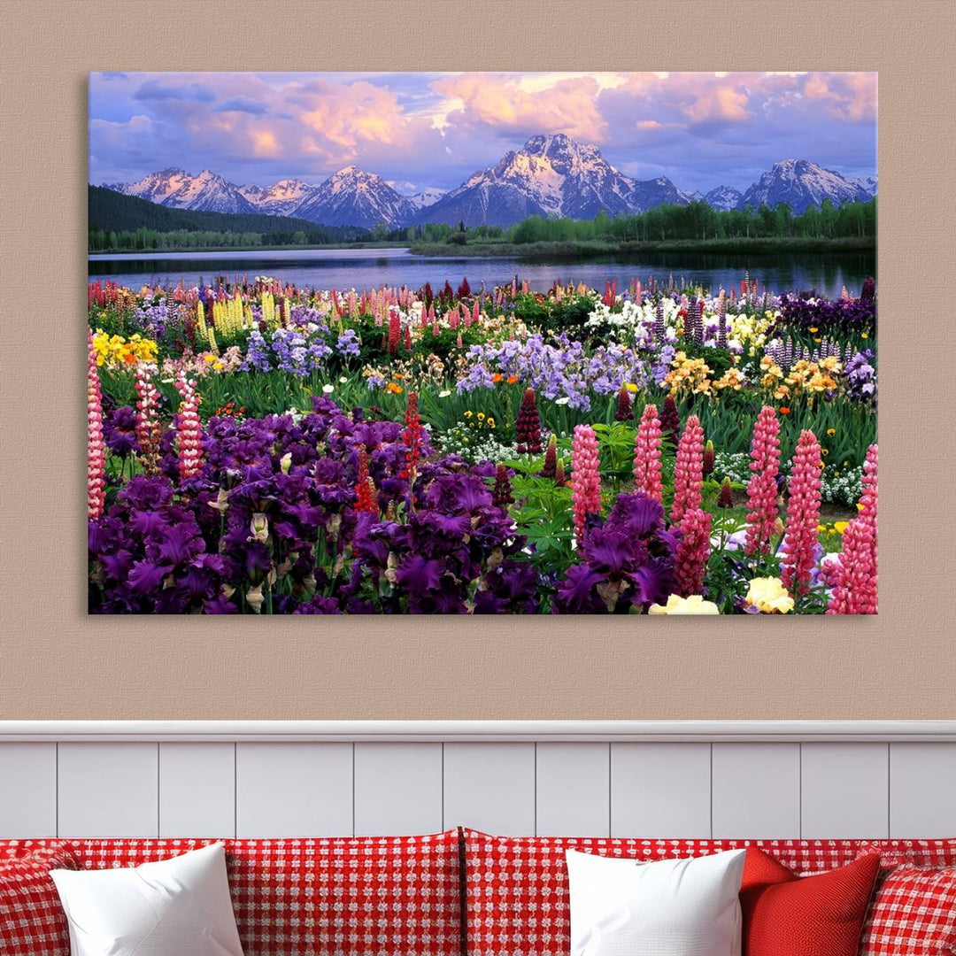 Wild Flower Field Wall Art Canvas Print, Nature Lake Mountain Prints