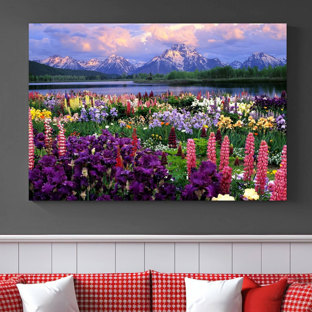 Wild Flower Field Wall Art Canvas Print, Nature Lake Mountain Prints