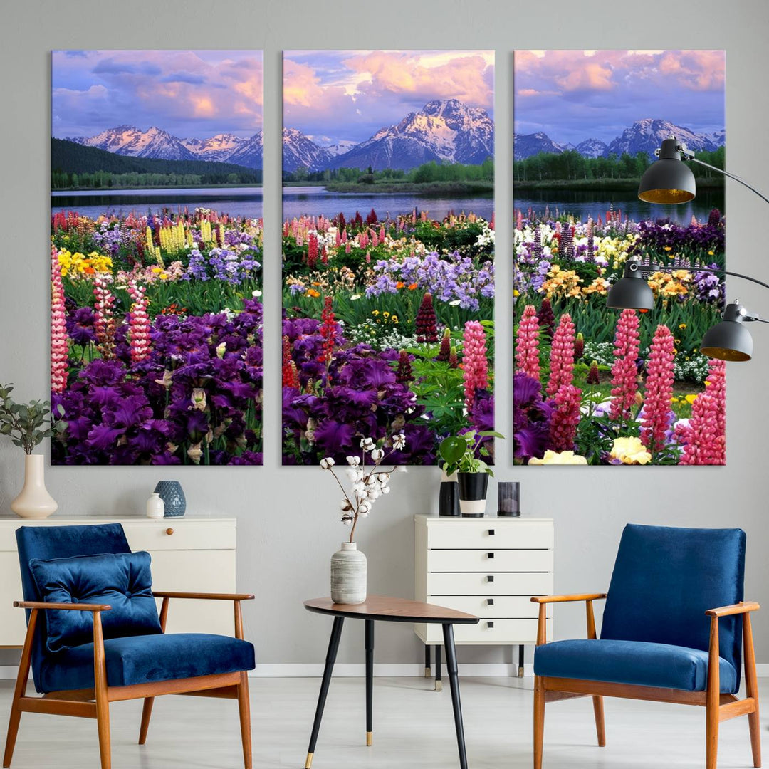 Wild Flower Field Wall Art Canvas Print, Nature Lake Mountain Prints