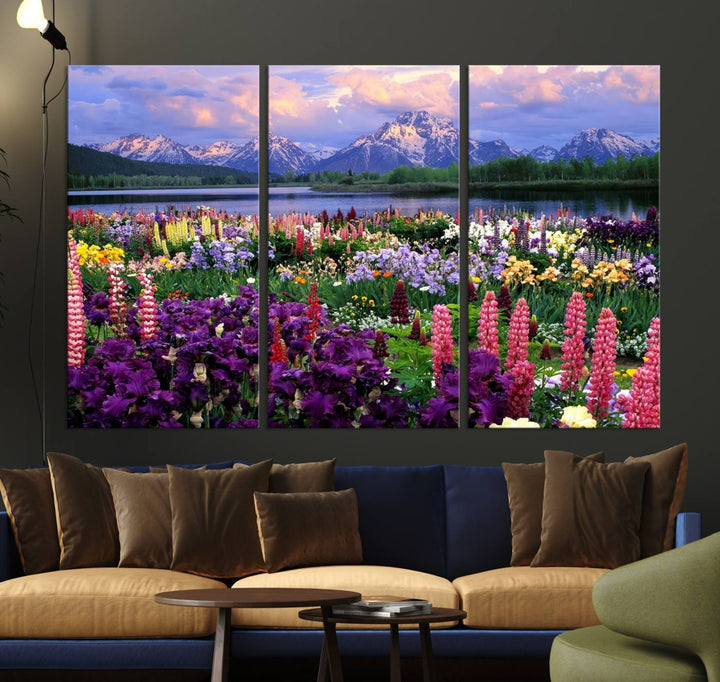 Wild Flower Field Wall Art Canvas Print, Nature Lake Mountain Prints