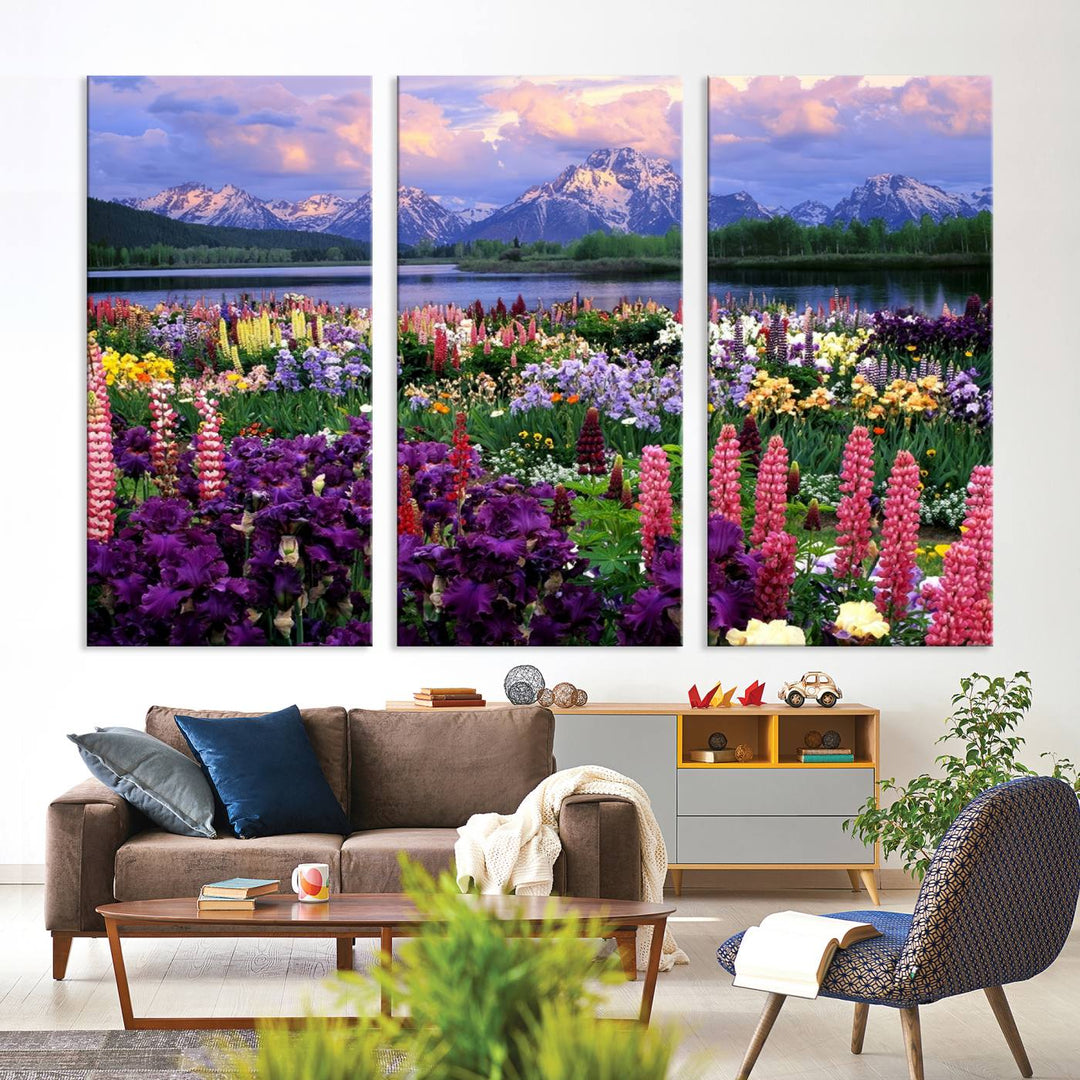 Wild Flower Field Wall Art Canvas Print, Nature Lake Mountain Prints