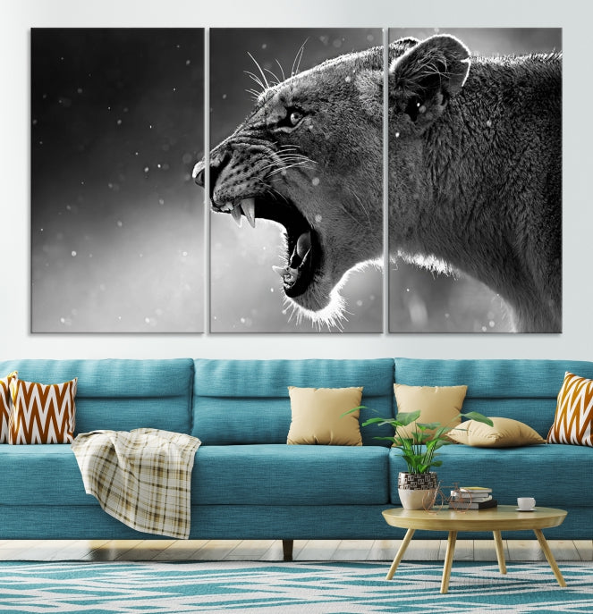 Wild Lioness Black and White Anial Portrait Large Wall Art Canvas Print