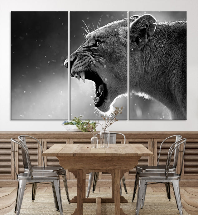 Wild Lioness Black and White Anial Portrait Large Wall Art Canvas Print