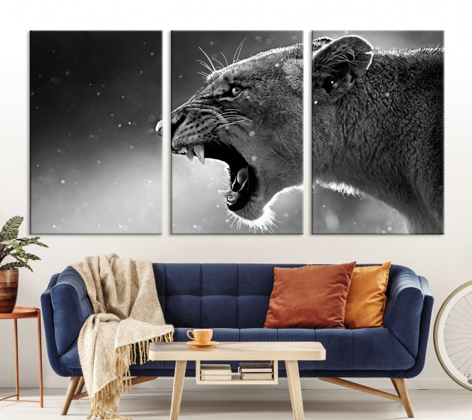 Wild Lioness Black and White Anial Portrait Large Wall Art Canvas Print