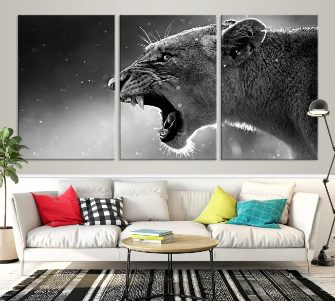 Wild Lioness Black and White Anial Portrait Large Wall Art Canvas Print