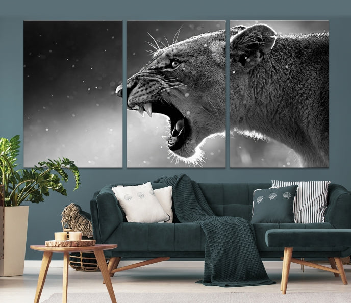 Wild Lioness Black and White Anial Portrait Large Wall Art Canvas Print