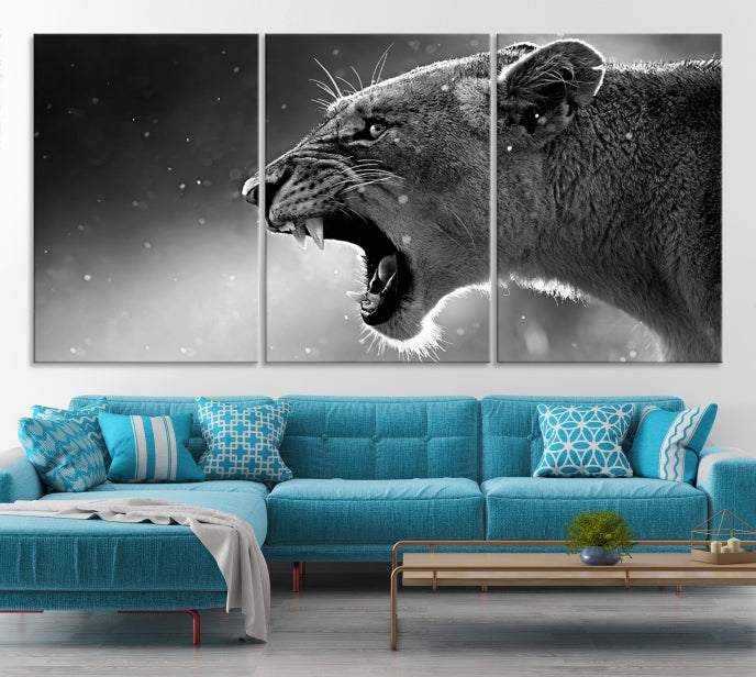 Wild Lioness Black and White Anial Portrait Large Wall Art Canvas Print