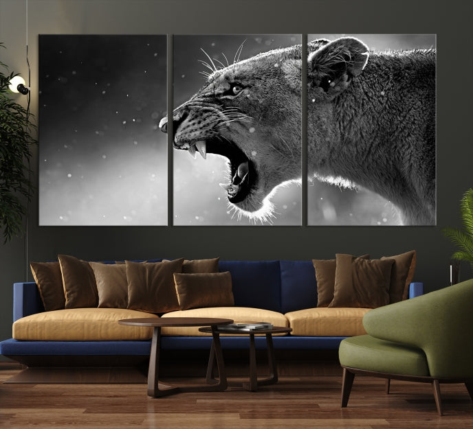 Wild Lioness Black and White Anial Portrait Large Wall Art Canvas Print