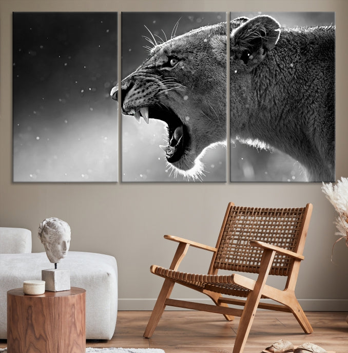 Wild Lioness Black and White Anial Portrait Large Wall Art Canvas Print