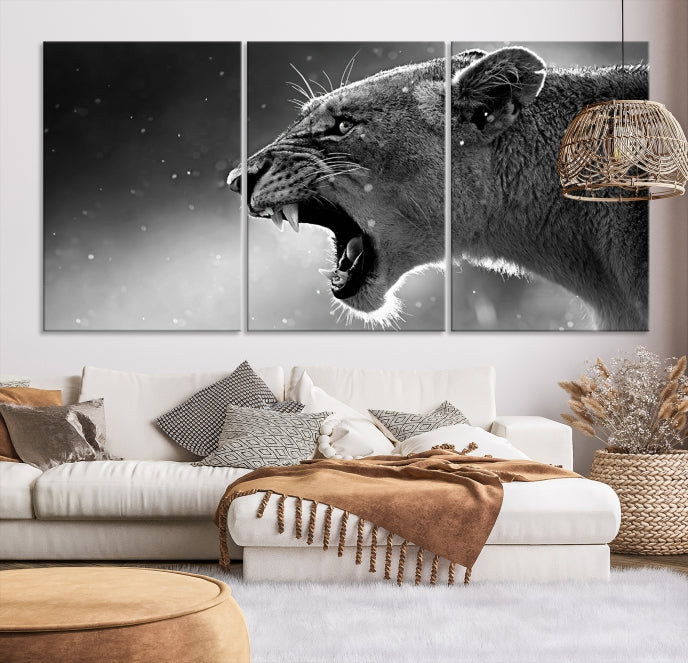 Wild Lioness Black and White Anial Portrait Large Wall Art Canvas Print