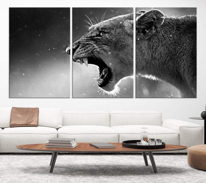 Wild Lioness Black and White Anial Portrait Large Wall Art Canvas Print