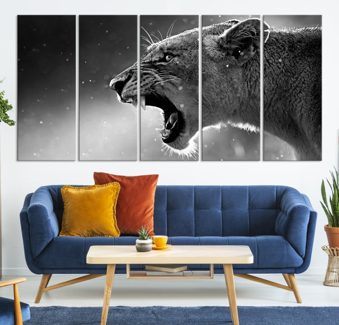 Wild Lioness Black and White Anial Portrait Large Wall Art Canvas Print