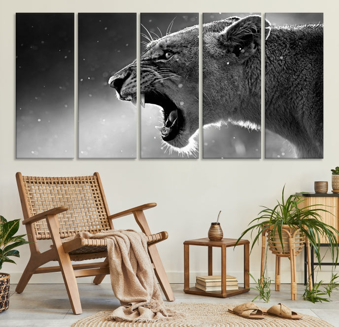 Wild Lioness Black and White Anial Portrait Large Wall Art Canvas Print