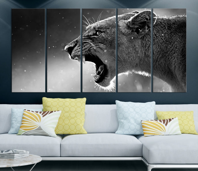 Wild Lioness Black and White Anial Portrait Large Wall Art Canvas Print