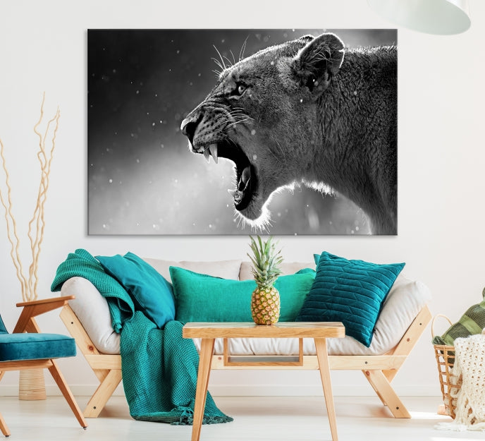 Wild Lioness Black and White Anial Portrait Large Wall Art Canvas Print