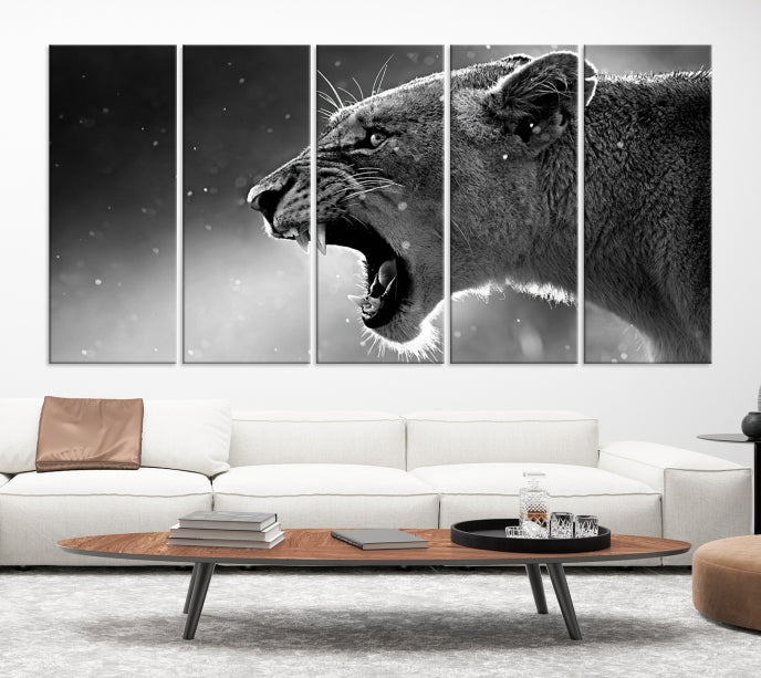 Wild Lioness Black and White Anial Portrait Large Wall Art Canvas Print