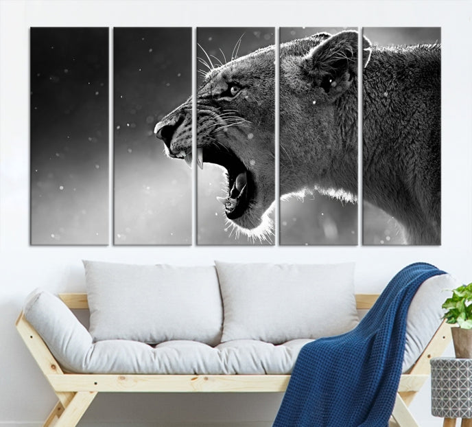 Wild Lioness Black and White Anial Portrait Large Wall Art Canvas Print