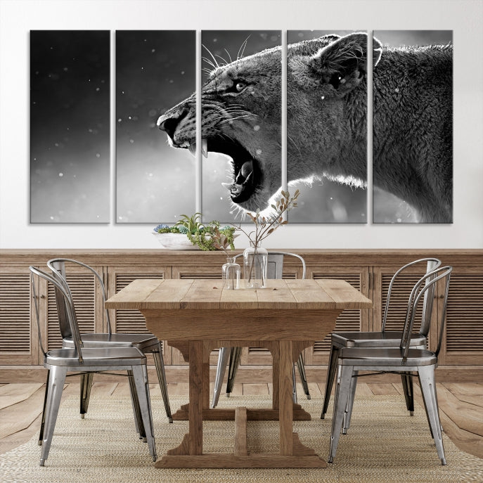 Wild Lioness Black and White Anial Portrait Large Wall Art Canvas Print