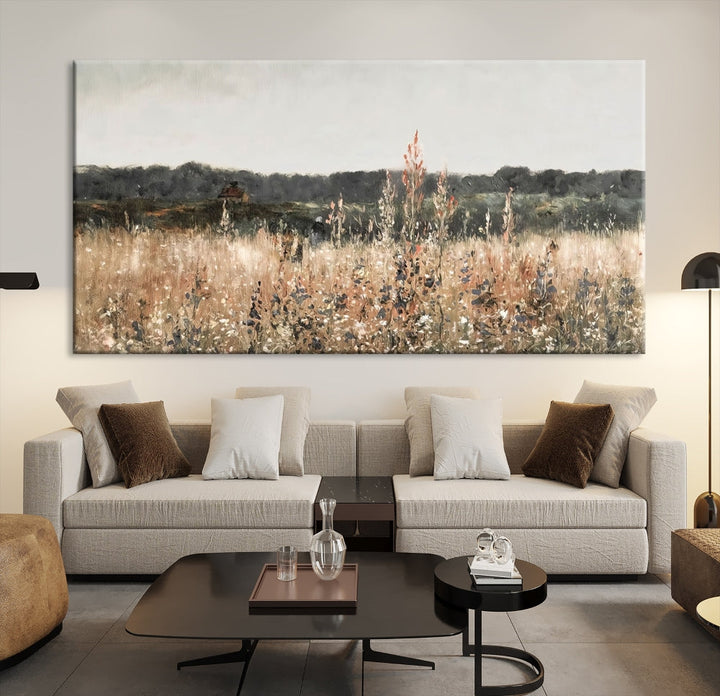 Wildflowers Field Watercolor Landscape Painting Countryside Wall Art Canvas Print