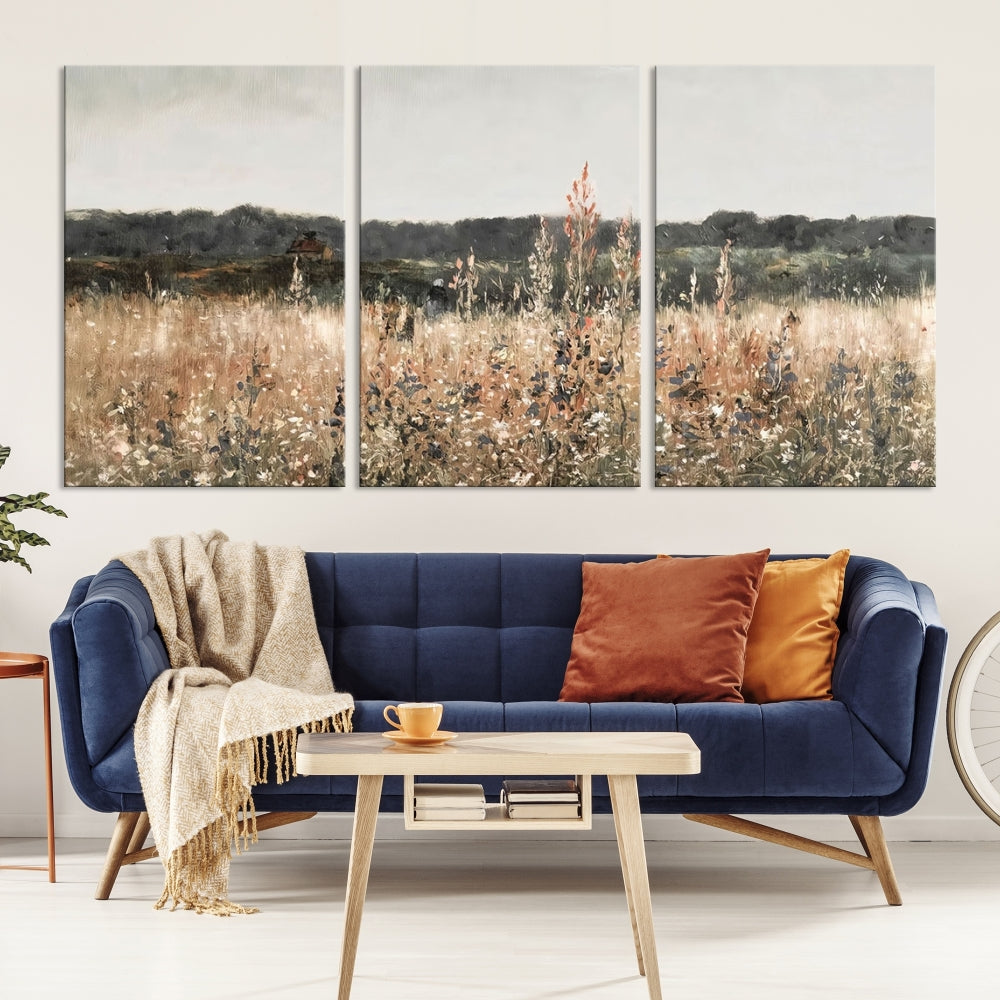 Wildflowers Field Watercolor Landscape Painting Countryside Wall Art Canvas Print